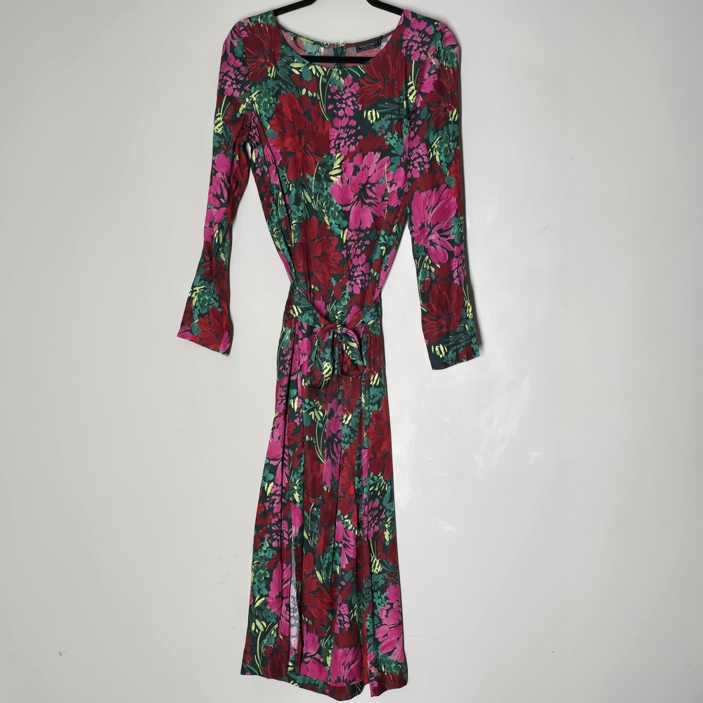 Vineyard Vines Floral Long Sleeve Silk Blend Twill Midi Dress Size M Green Pink